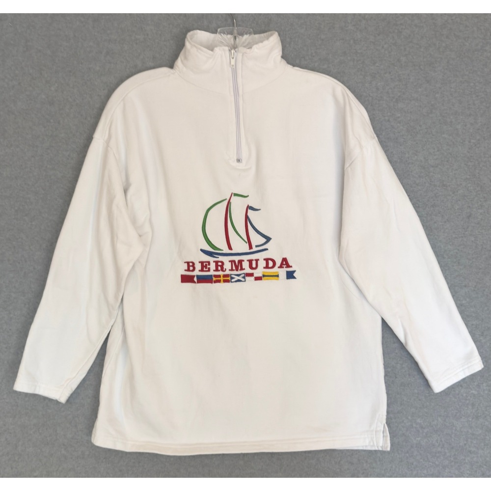 Davisons of Bermuda 1/4 Zip Pullover Mens Small White Nautical Sailboat Cotton